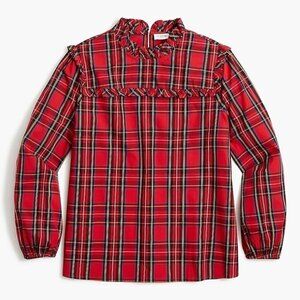 J. Crew Factory Tartan cotton poplin top ruffles BC855 XXS Holiday red